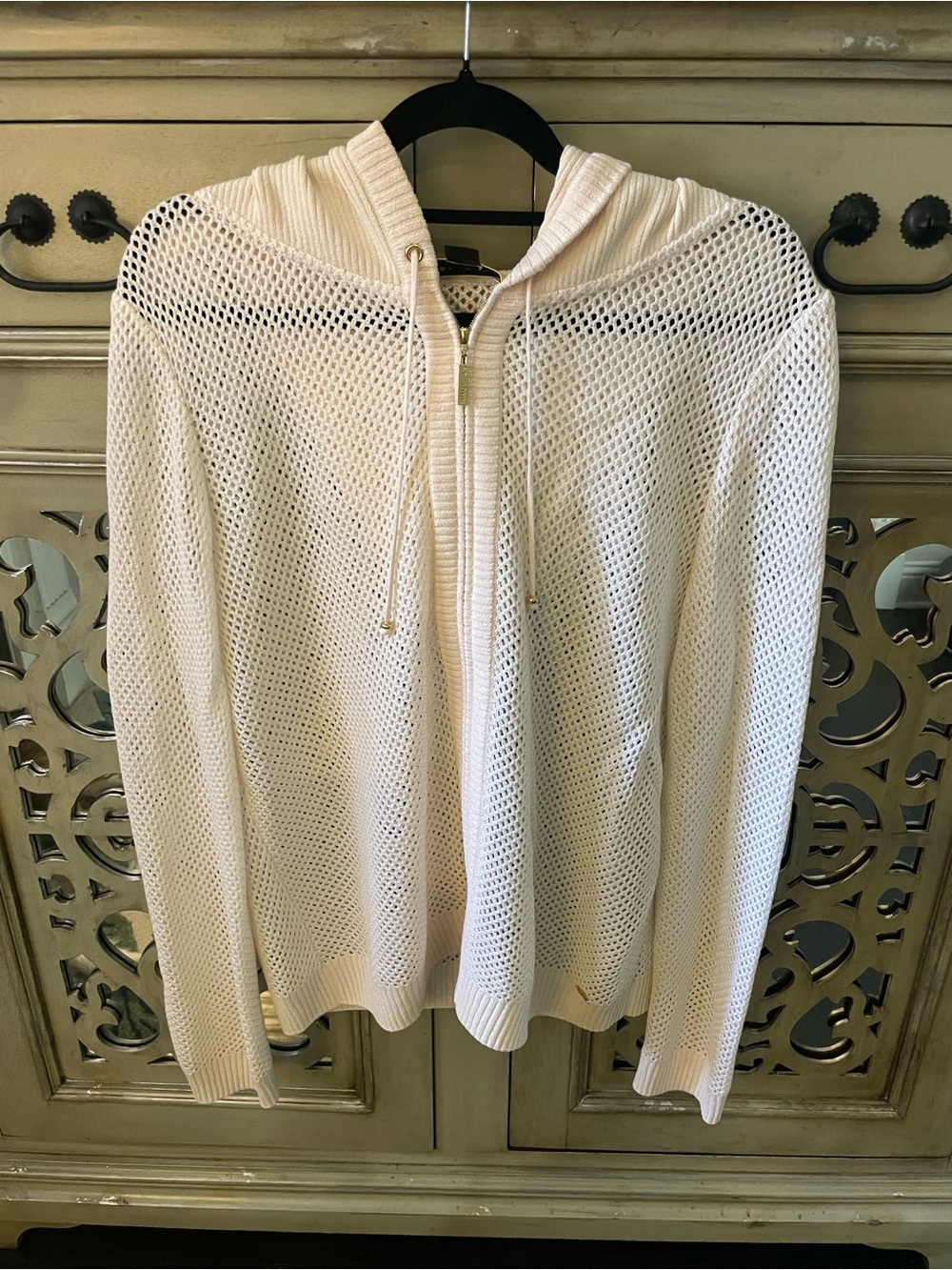 St. John Open-Knit Cream Hooded Zip Cardigan